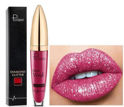 Belro No-Transfer Liquid Glitter Lipstick in vibrant pink with shimmering glitter finish, applied on lips.