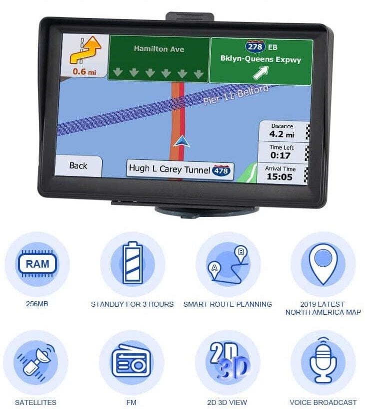Belro 7-inch GPS navigation system for car and truck with touchscreen display and easy-to-use interface.