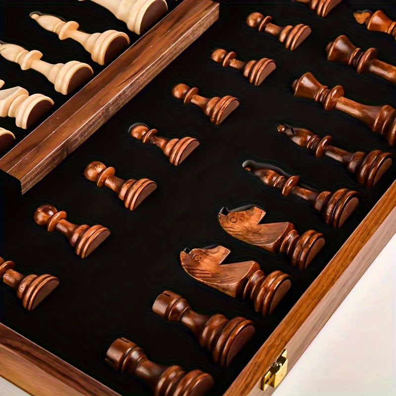 Belro wooden chess set with carved pieces, ideal for home or travel, featuring a classic design and sturdy wooden board.