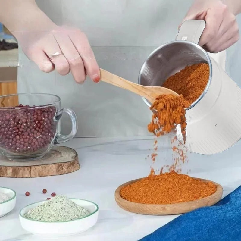 Belro home flour mill with stainless steel body and compact design for efficient grain grinding in kitchen.