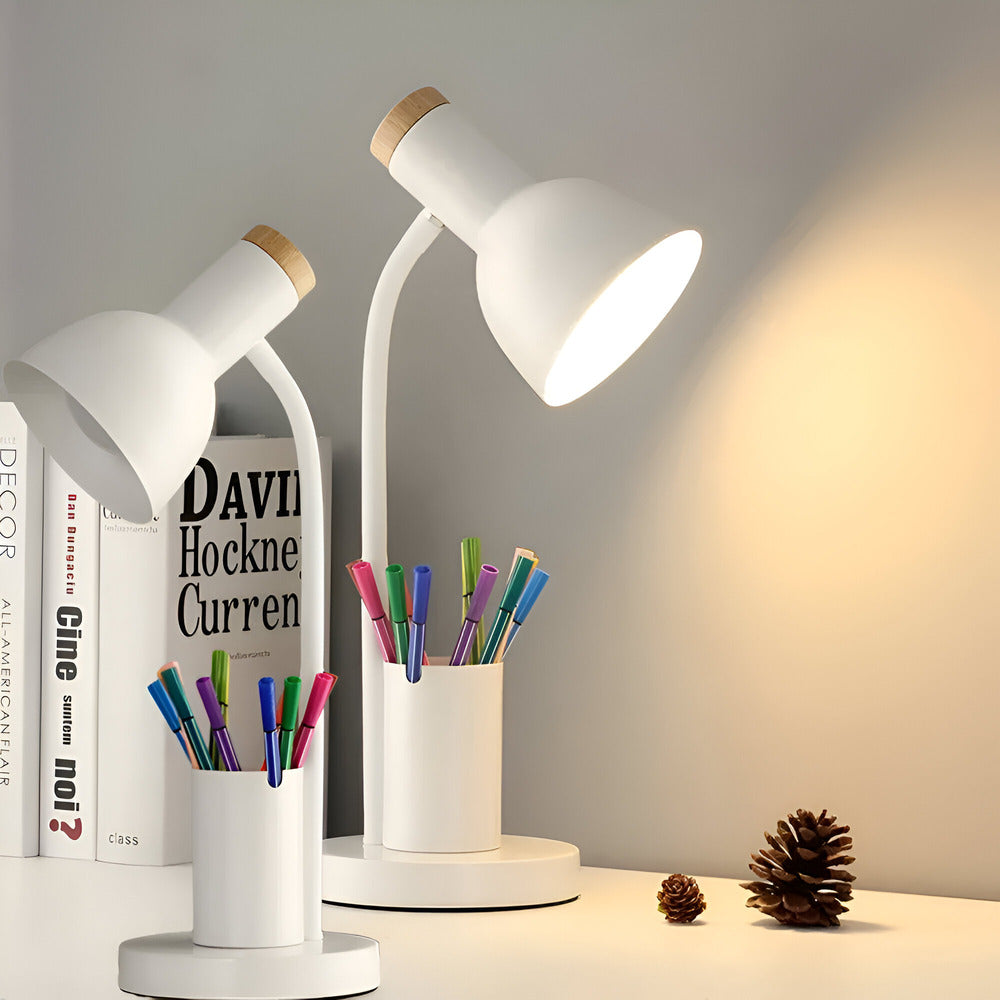 Belro modern Nordic LED desk lamp with integrated pen holder, stylish and functional lighting for workspace or study area.