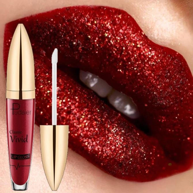 Belro no-transfer liquid glitter lipstick with shimmering finish, showcased in a sleek tube with a doe-foot applicator.