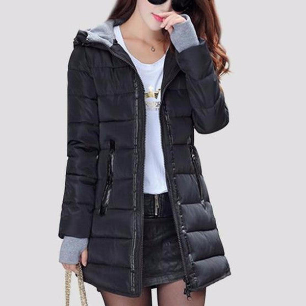 Belro women's long quilted coat with a padded design, featuring a stylish collar and cozy fit for cold weather.