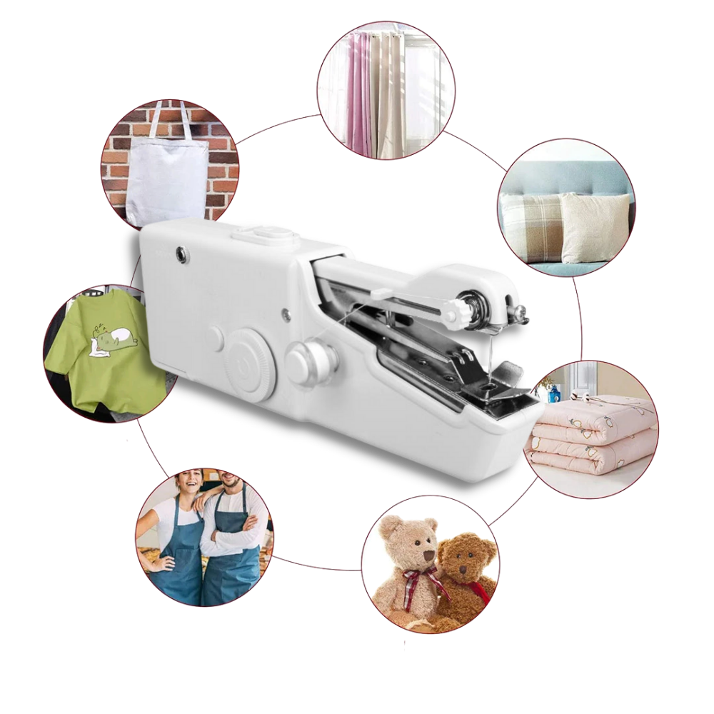 Portable Belro sewing machine and men's sewing kit with fabric, threads, and sewing tools for on-the-go clothing repairs.