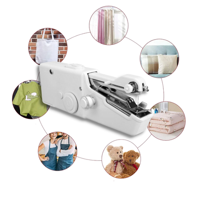 Portable Belro sewing machine and men's sewing kit with fabric, threads, and sewing tools for on-the-go clothing repairs.