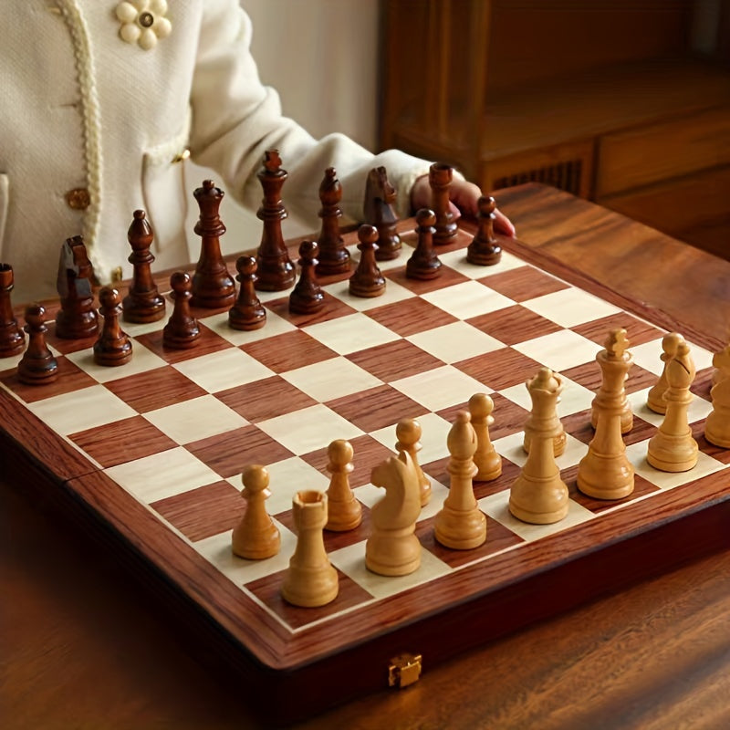 Wooden chess set by Belro featuring natural wood pieces on a chessboard, ideal for home and travel play.