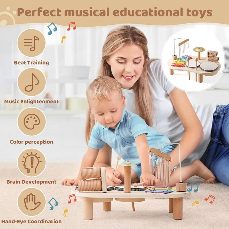 Wooden music station toy for children, featuring colorful buttons and musical elements, by Belro, designed for creative fun.