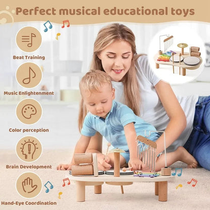 Wooden music station toy for children, featuring colorful buttons and musical elements, by Belro, designed for creative fun.