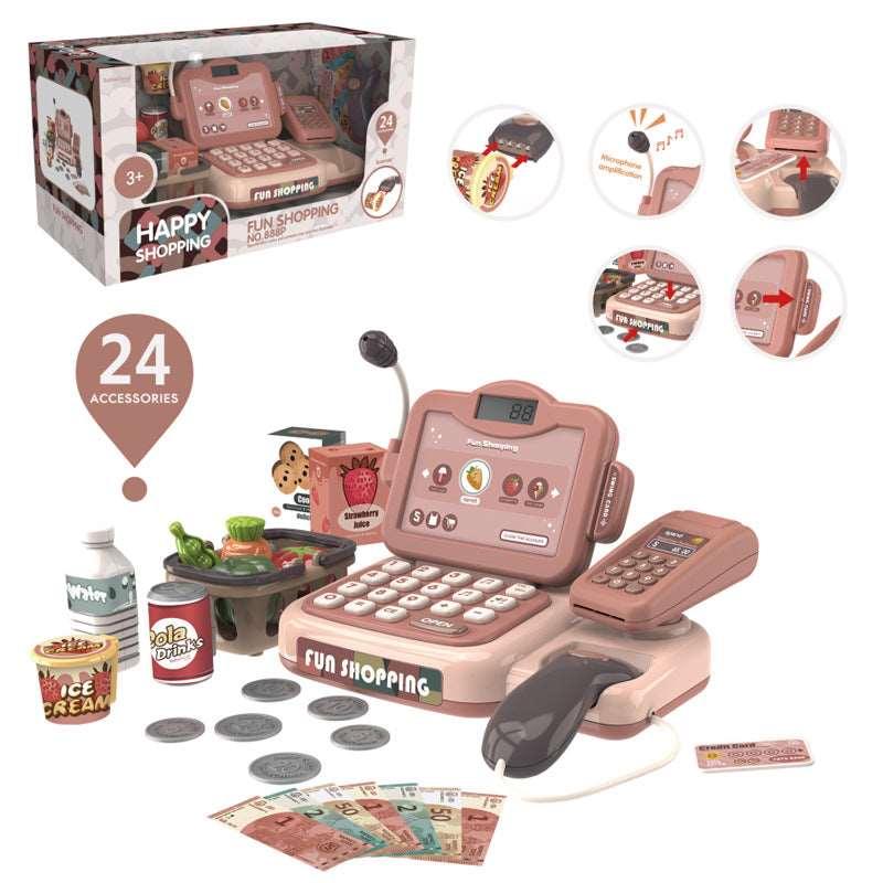 Belro toy cash register for kids, featuring colorful buttons, a scanner, and play money for engaging pretend play.