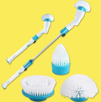 Belro cordless electric spin scrubber with extendable handle for bathroom cleaning, showing the brush in use on tile surfaces.