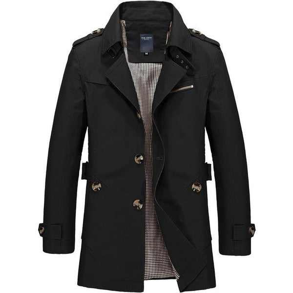 Belro classic trench coat hanging on a wooden hanger, featuring a double-breasted design and belt, in a neutral color.