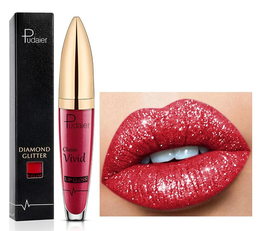 Belro No-Transfer Liquid Glitter Lipstick in a shimmering shade, applied on lips for a glossy, glittery makeup look.