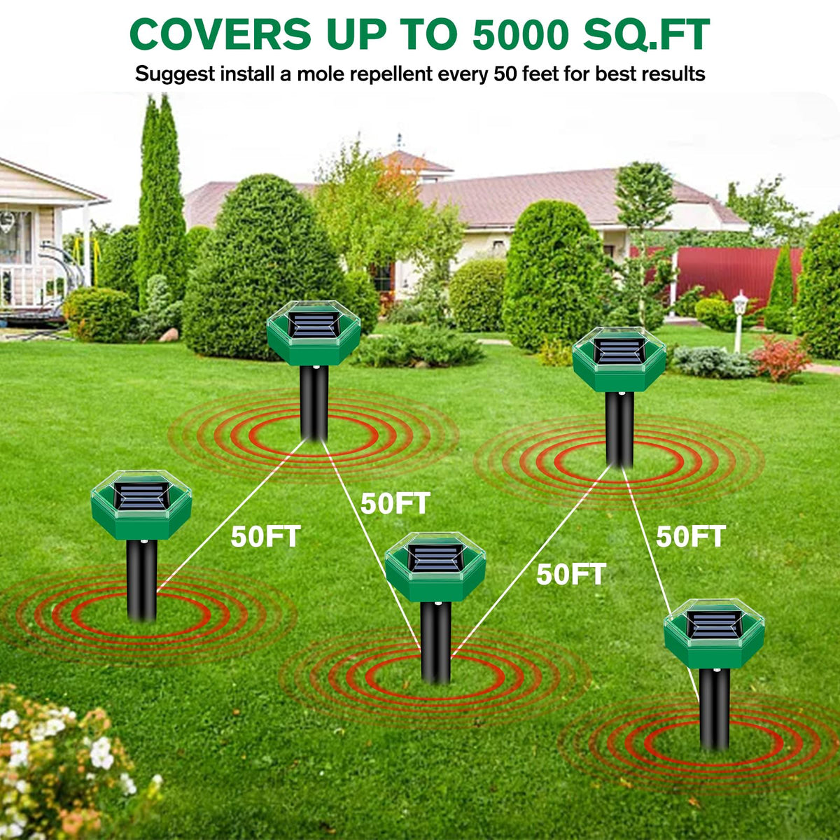 Belro Ultrasonic Mole Repellent 4-Pack for outdoor pest control, showing the device with a garden background.