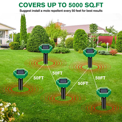 Belro Ultrasonic Mole Repellent 4-Pack for outdoor pest control, showing the device with a garden background.