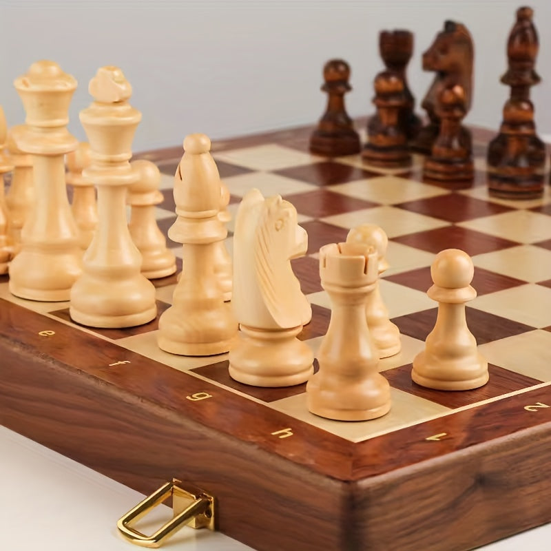 Belro wooden chess set with intricately carved pieces, ideal for home or travel play, in a compact storage box.