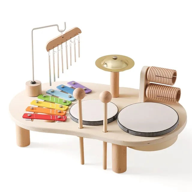 Belro wooden music station for kids, featuring colorful musical toys and buttons, designed to promote creative musical fun for children.