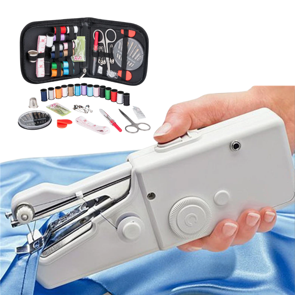 Portable Belro sewing machine and sewing kit for men, compact clothing repair tool with sewing accessories and machine in case.