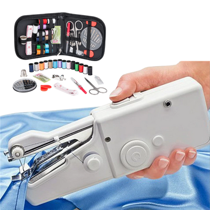 Portable Belro sewing machine and sewing kit for men, compact clothing repair tool with sewing accessories and machine in case.