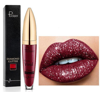 Belro No-Transfer Liquid Glitter Lipstick in vibrant pink with shimmering glitter, glossy finish, and precise applicator.