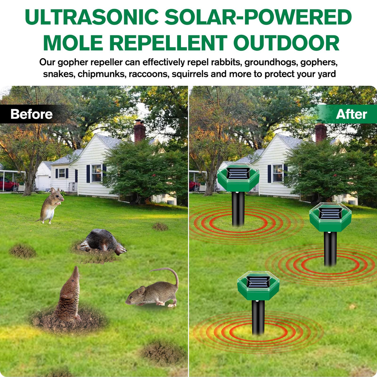 Belro Ultrasonic Mole Repellent 4-pack for outdoor pest control in home and garden, featuring electronic devices for mole deterrence.