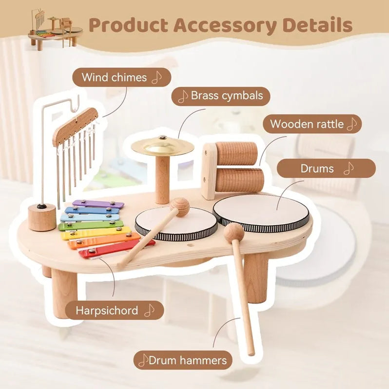 Wooden music station toy for children with colorful buttons and musical features, designed for creative fun by Belro.