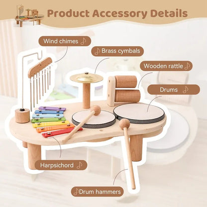 Wooden music station toy for children with colorful buttons and musical features, designed for creative fun by Belro.