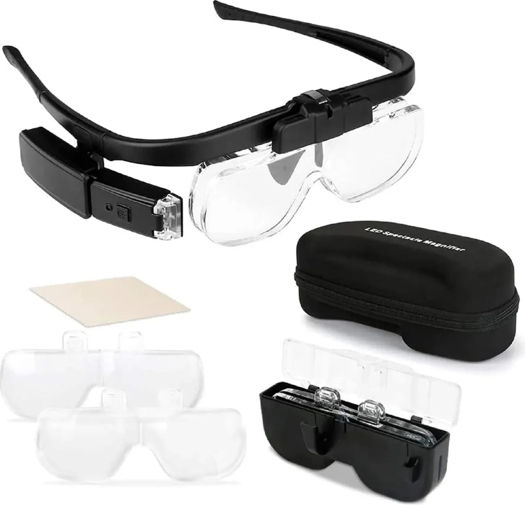 Belro head-mounted magnifying glass with USB charging, adjustable LED light for detailed inspection and hands-free illumination.