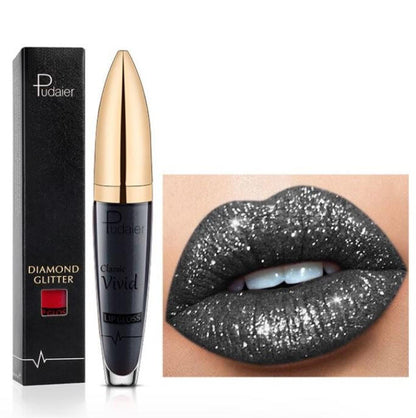 Belro No-Transfer Liquid Glitter Lipstick in vibrant shade, showcasing its sparkling, shiny finish on lips.