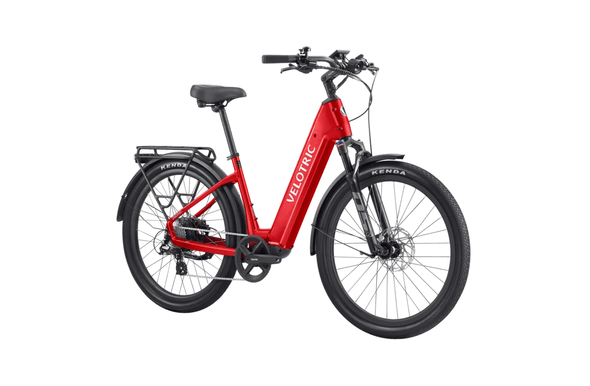 Velotric Discover 2 Ebike in Cherry Crimson with front view, showcasing bike frame, handlebars, and wheels.