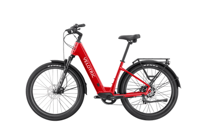 Velotric Discover 2 Ebike by Casavibeo, cherry crimson color, left side view showing frame and handlebar details.