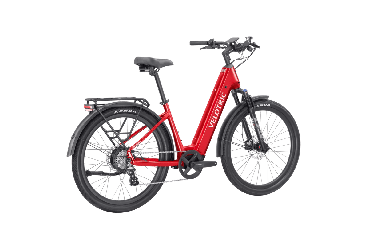 Casavibeo Velotric Discover 2 eBike in Cherry Crimson color, rear view showing the bike's sleek frame and rear wheel.