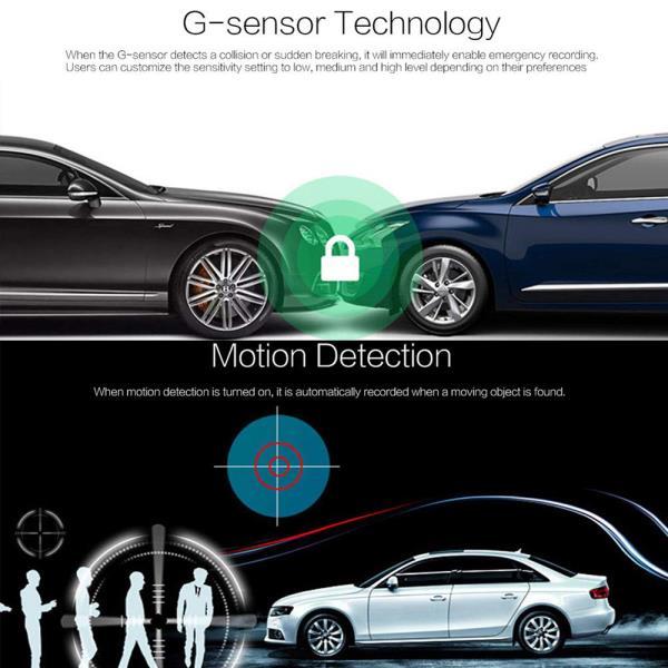 Belro dual front and rear car dash cam capturing footage of the vehicle interior and exterior in a sleek design.