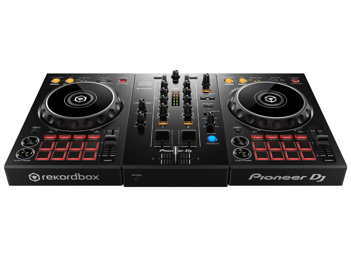 Pioneer DJ DDJ-400 2-channel rekordbox DJ controller with jog wheels, mixer, and control buttons, shown from front angle.