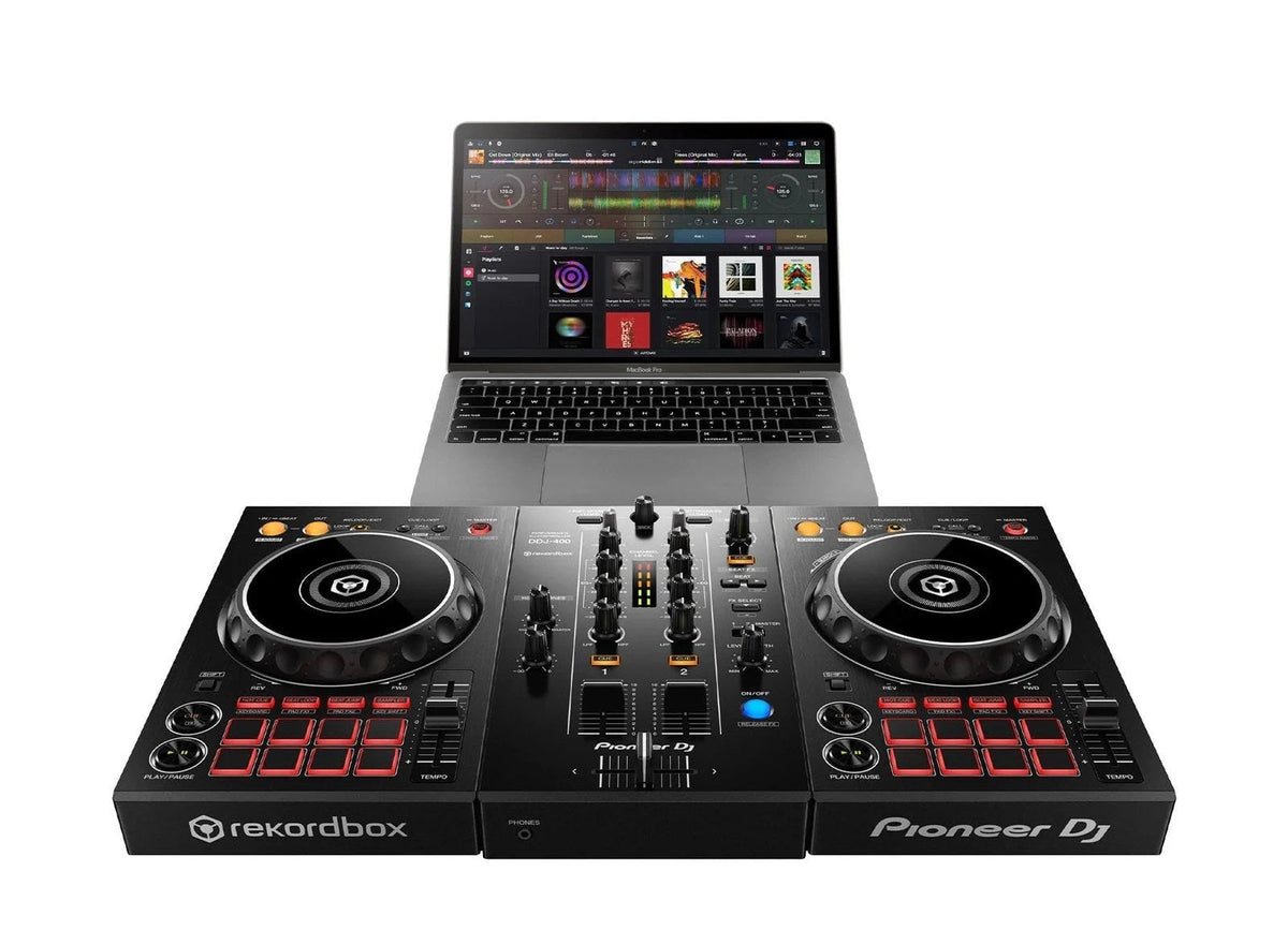 Pioneer DJ DDJ-400 2-channel rekordbox DJ controller with jog wheels, knobs, and control pads for mixing and music performance.