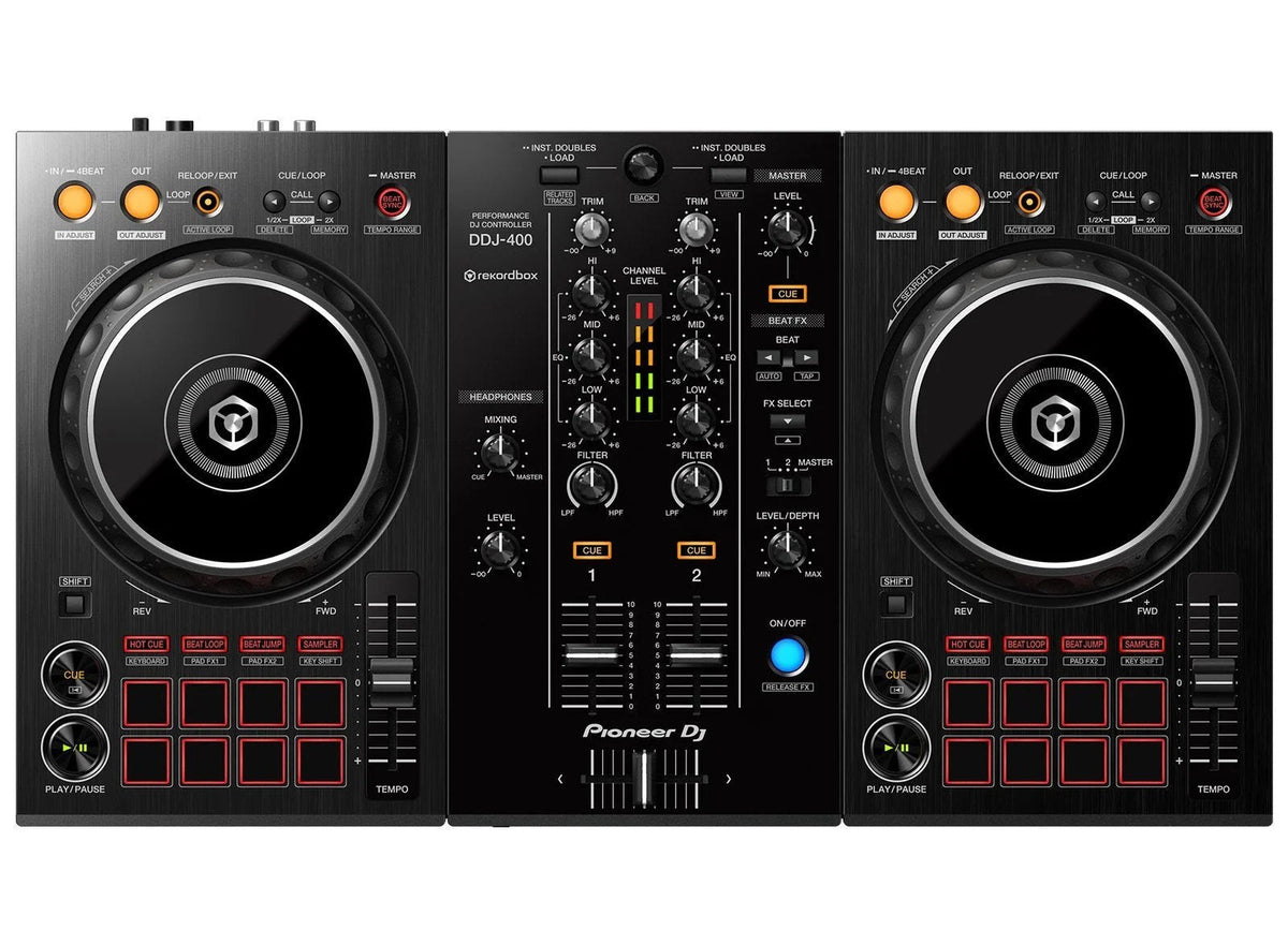 Pioneer DJ DDJ-400 2-channel rekordbox DJ controller with jog wheels, mixer, and control buttons, seen from top view.