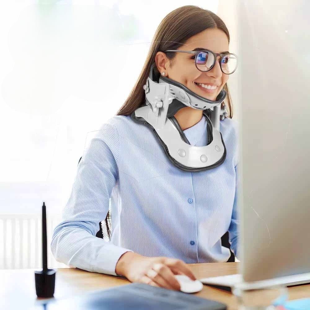 Belro neck stretcher traction device hanging from a hook, designed to help relieve neck tension and improve posture.