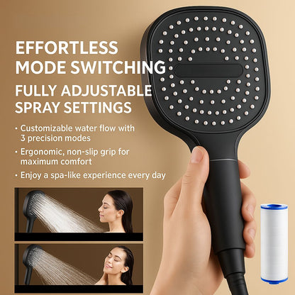 BowLift High-Pressure Shower Head with Turbo Boost Technology and water filtration, showing the sleek chrome design and spray nozzles.