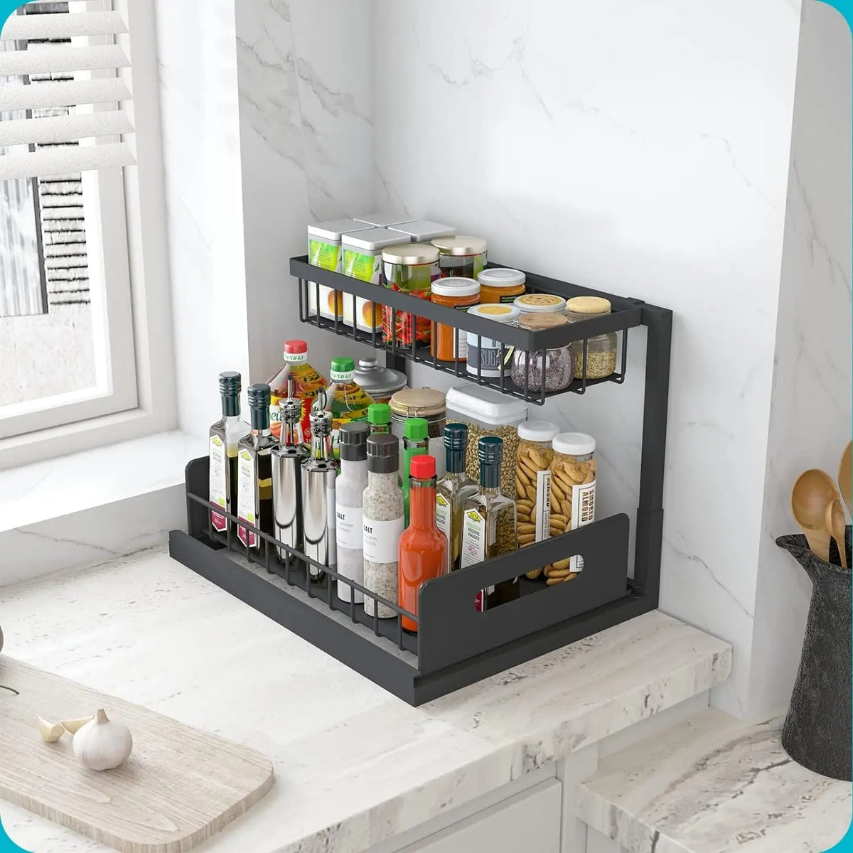 Belro 2-tier slide-out under sink organizer for kitchen storage, featuring adjustable shelves and easy slide-out design.