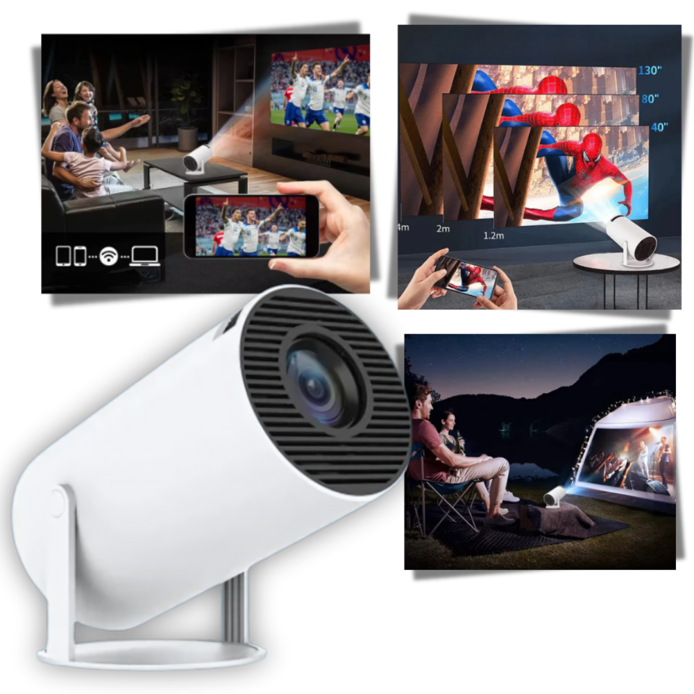 Belro portable 4K ultra HD projector displaying a vivid image on a blank wall, compact design, and modern electronic features.