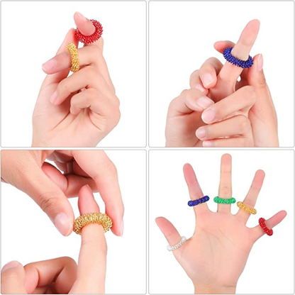 Belro acupressure finger massage rings with spiked sensory impressions for hand relaxation and stress relief.
