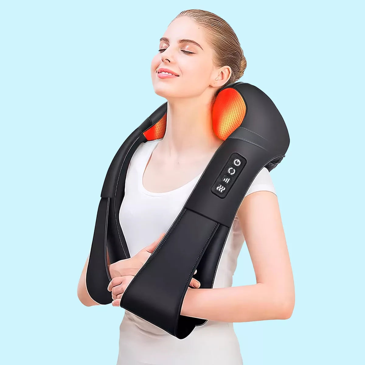 Belro U-shaped electric neck and shoulder massager with adjustable straps and soothing massage nodes.