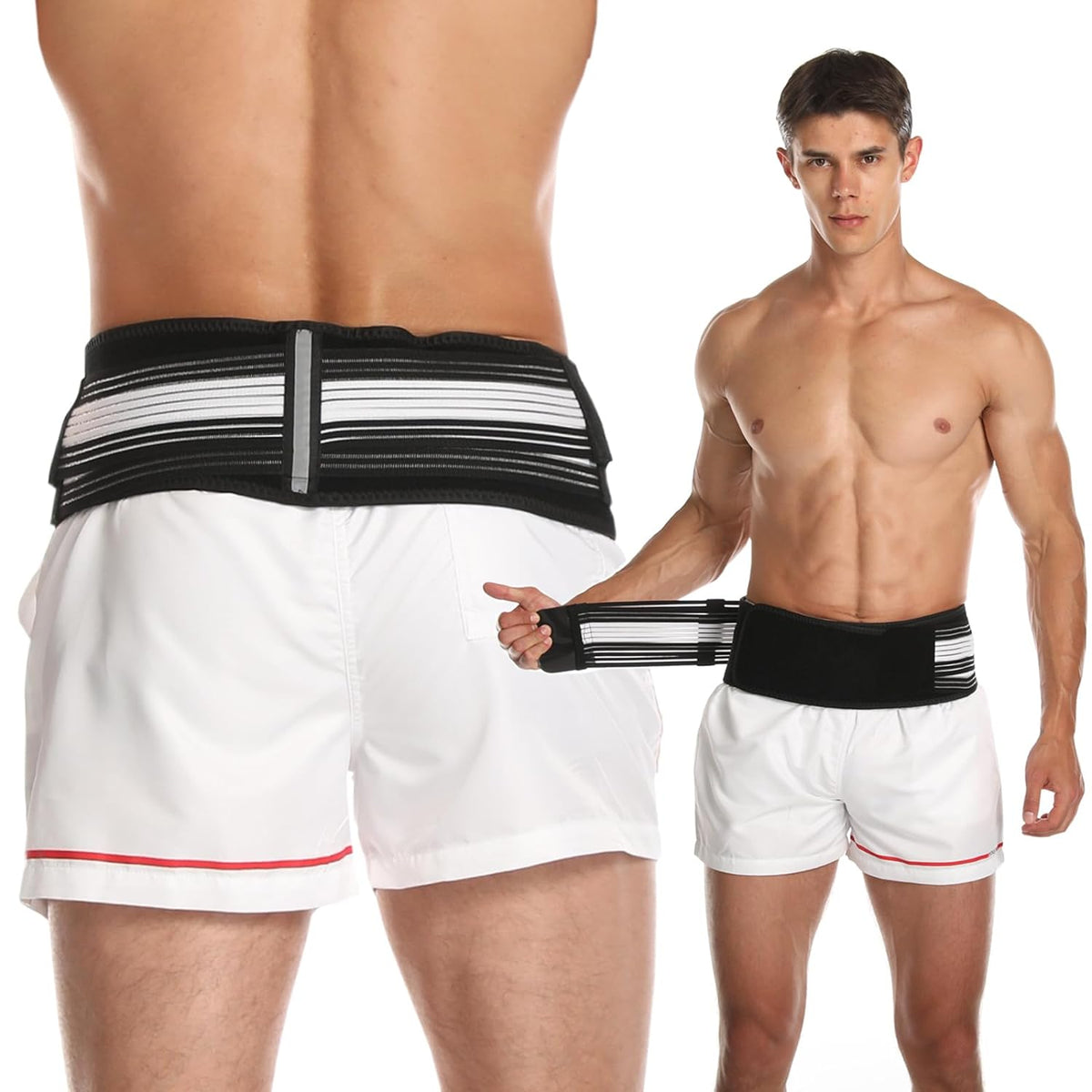 Belro lumbar support belt designed as a suspender accessory, showing adjustable straps and supportive padding for back relief.