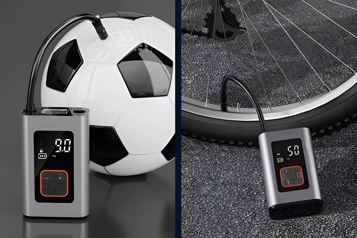 Belro Smart Portable Electric Tire Inflator showing digital display and hose for inflating car or bike tires.