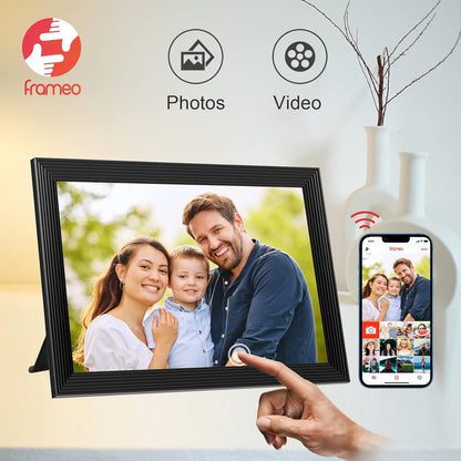 Belro high-resolution digital electronic frame displaying photos and videos with a built-in camera, sleek modern design.