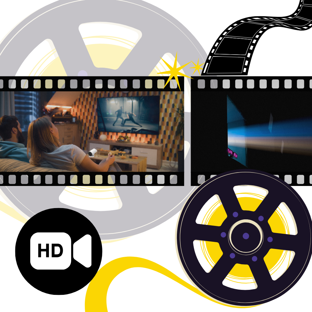Belro portable 4K ultra HD projector displaying a vibrant image on a wall, compact electronic device for high-resolution projection.