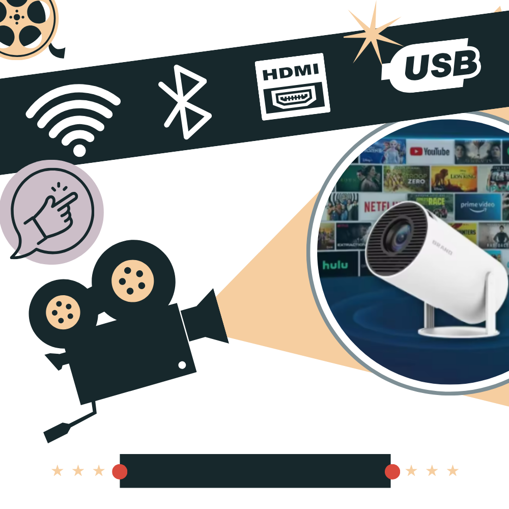 Belro portable 4K ultra HD projector displaying a vibrant image on a wall, compact electronic device for high-quality home entertainment