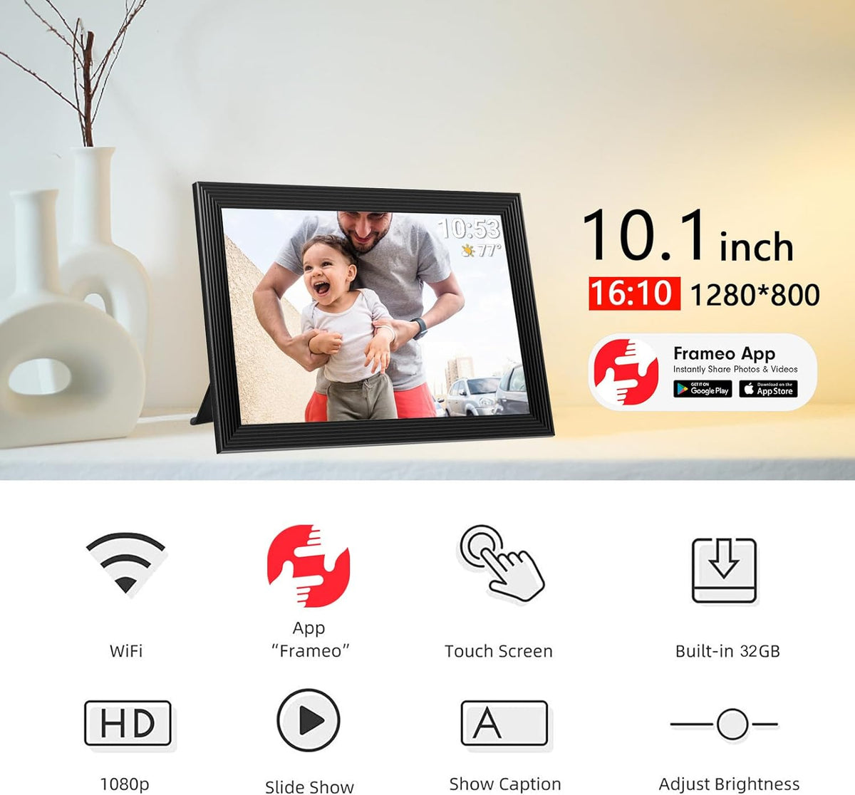 Belro high-resolution digital photo frame with video playback, camera features, and sleek electronic design.