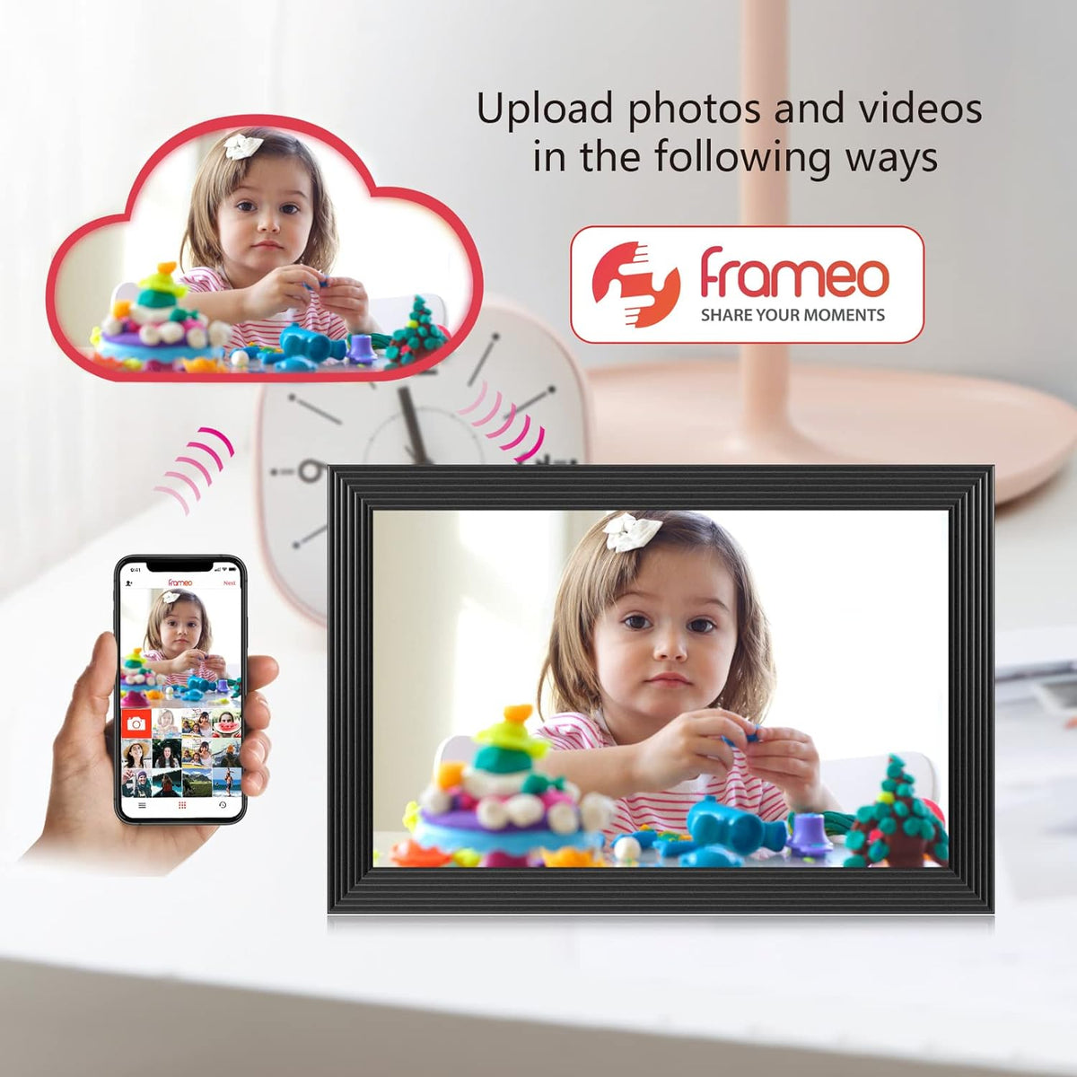 Belro high-resolution digital photo frame with video playback and built-in camera, showcasing its sleek electronic design.