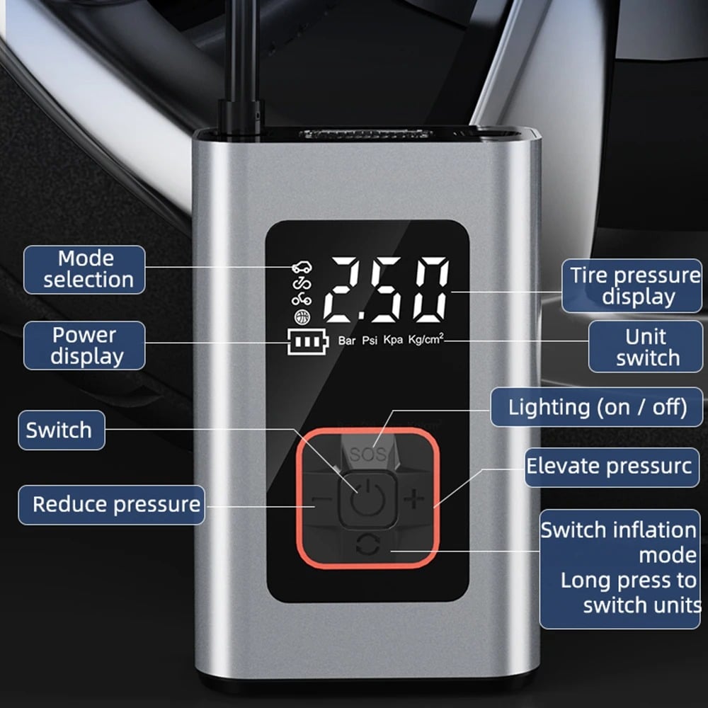Belro Smart Portable Electric Tire Inflator with digital display, compact design, and power cord for easy home tire inflation.
