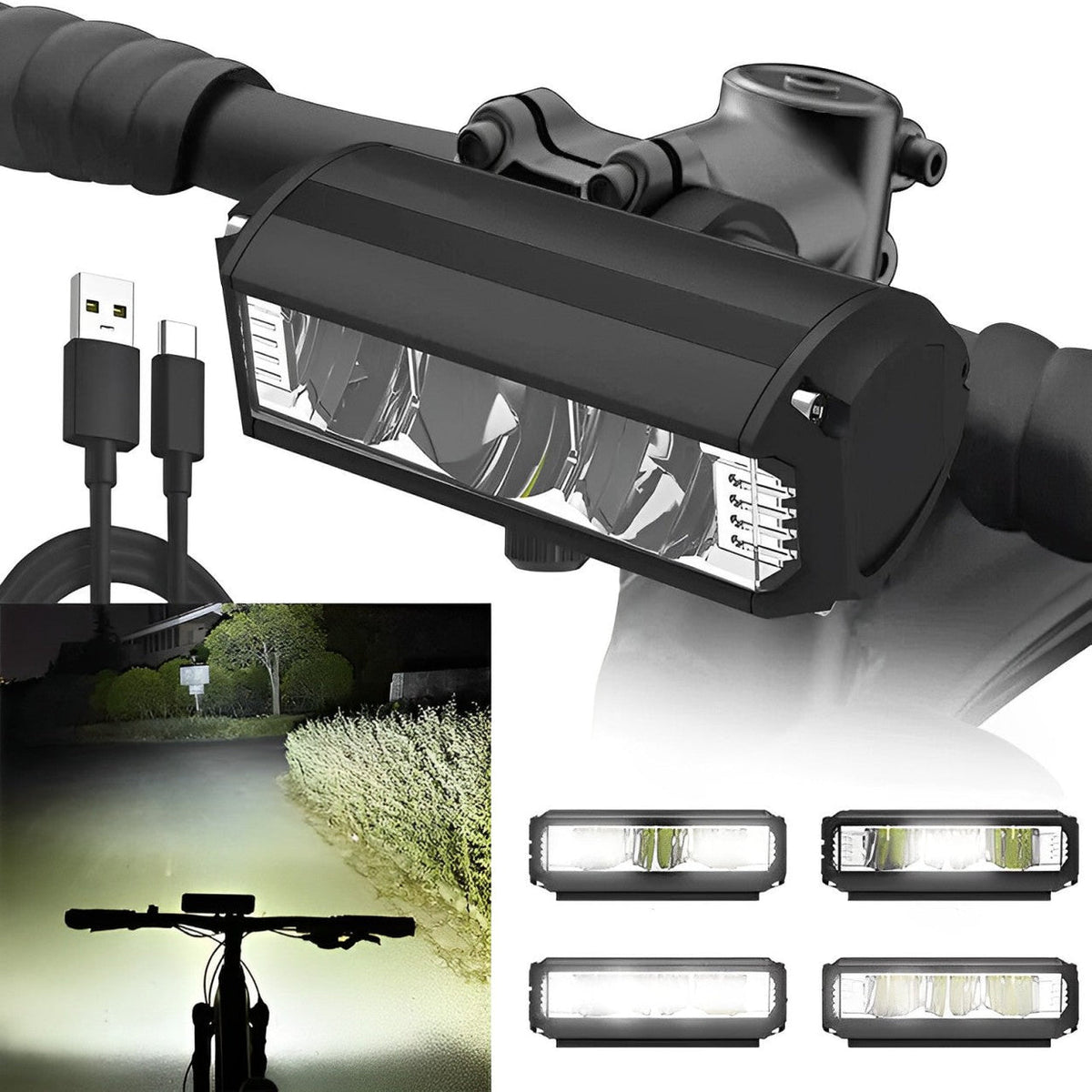Belro ultra-bright LED bike light mounted on a bicycle handlebar, showcasing its compact design and powerful illumination.